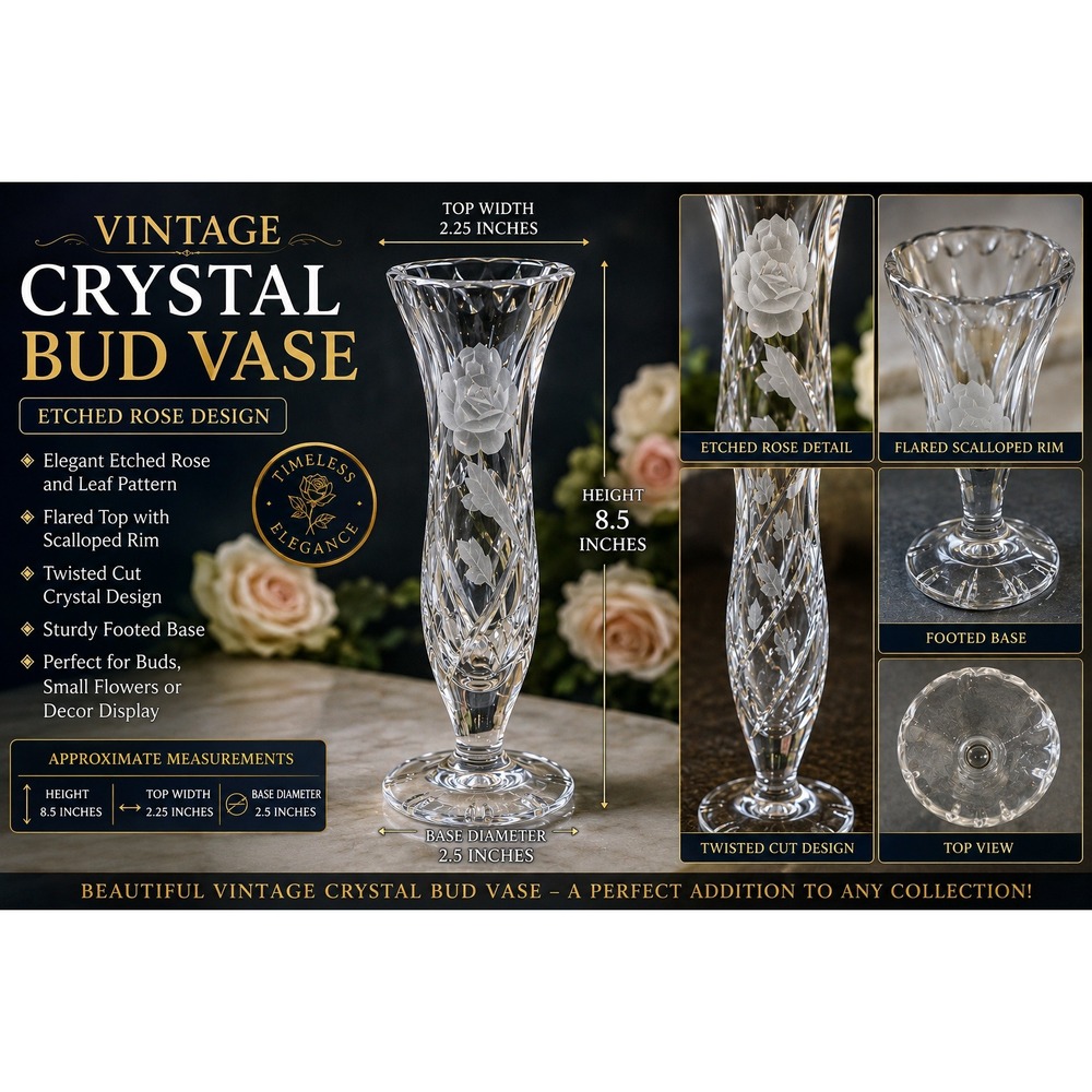 Vintage Crystal Bud Vase Etched Rose Scalloped Rim Twisted Cut Glass 8.5 Inch